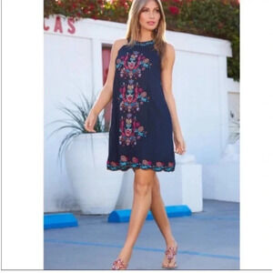 LulaSoul Navy Blue Embroidered Halter Dress Size Medium